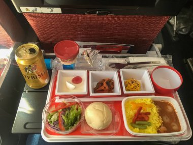 TOKYO, JAPONYAN - 3 Nisan 2018: Ekonomi sınıfı bir uçakta yemek, Japon havayolları. Geniş yiyecek ve içecek seçimi..