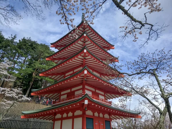 Fuji吉田 エイプリル社2018年10月10日 赤白糸の滝の日本の眺め 観光客は美しい桜を楽しむ — ストック写真