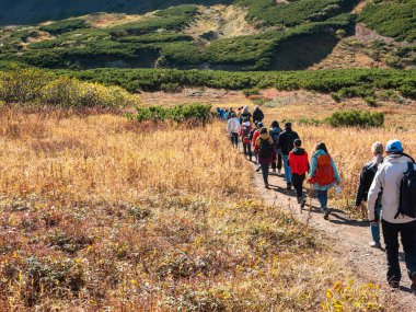 Tourists walk along the Vachkazhets ridge. Group of people went on a hike to explore the nature of Kamchatka. Kamchatka Peninsula, Russia.