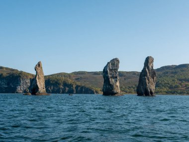 Pasifik Okyanusu 'nun Avacha Körfezi' ne giden bir yattan inin. Kayaların görünüşü Avacha Körfezi ve Petropavlovsk-Kamchatsky şehrinin sembolüdür. Kamçatka Yarımadası, Rusya.
