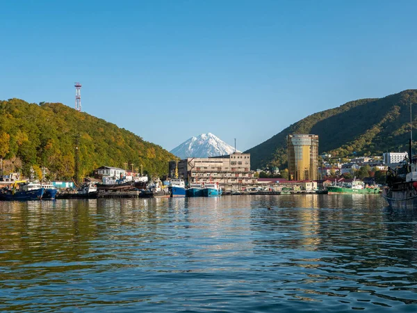 Petropavlovsk-Kamchatsky Avacha Körfezi 'ndeki liman. Yelkenli yattan volkana, sonbahar tepelerinden mavi gökyüzüne. Kamçatka Yarımadası, Rusya.