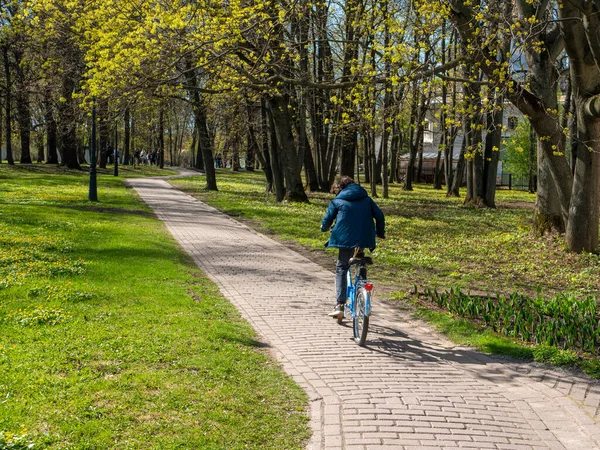 Fényes Tavaszi Nap Kolomenskoye Parkban Moszkvában Fiú Biciklizik Egy Ösvényen — Stock Fotó
