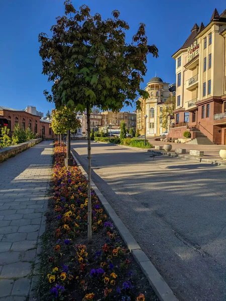 Kislovodsk, Rusya - 1 Mayıs 2021: Şehir merkezinde güzel çiçeklerle yürüyüş yolu. Dikey.