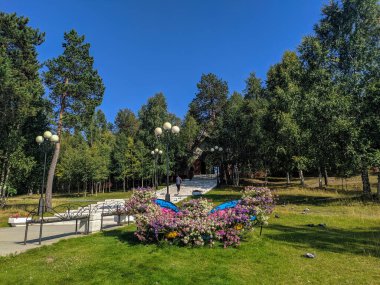 Çiçek aranjmanı, yeşil orman ve mavi gökyüzünün arka planında bir kelebek şeklinde. Noyabrsk, Rusya.