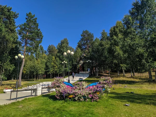 Çiçek aranjmanı, yeşil orman ve mavi gökyüzünün arka planında bir kelebek şeklinde. Noyabrsk, Rusya.