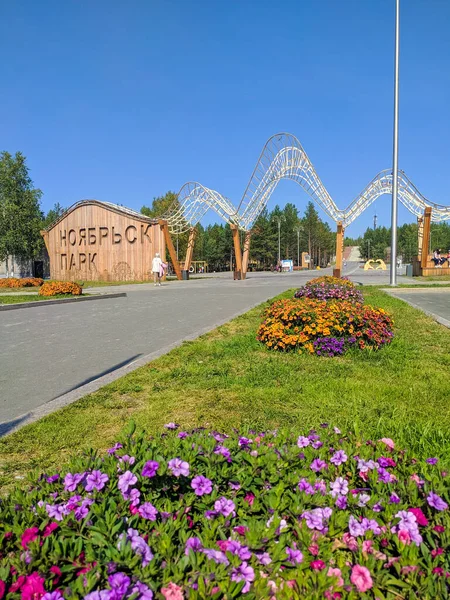 러시아의 2021 어린이 공원의 정문이 보인다 공원에는 꽃들이 자란다 수직적 — 스톡 사진