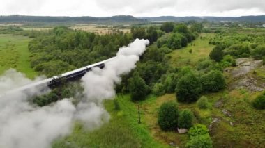 Eski buharlı turistik lokomotif tren vagonları yeşil ormana gidiyor. Hava görünümü