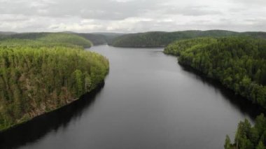 Ladoga yakınlarında Rus Karelia tepeleri olan yeşil ormandaki güzel uzun göl.
