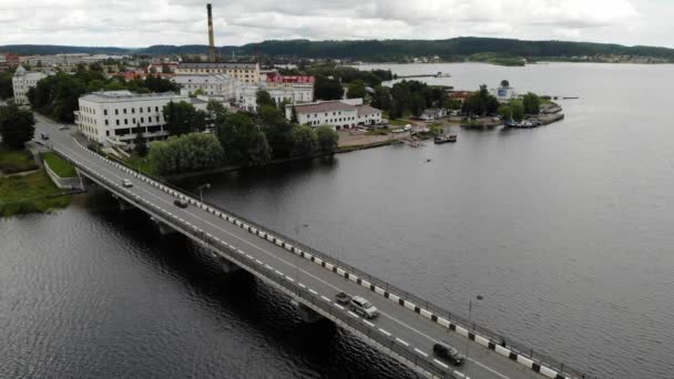 Aerial panorama view Sortavala transport bridge on the coast of Ladoga lake. — Stock Video