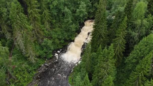 Bungee bajo gran cascada cascada caída Jukankoski Karelia rusa. vista aérea — Vídeos de Stock