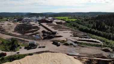Hava manzaralı ahşap fabrikası. Hat ağaçlarını birleştirin. Tahta talaş yığını.
