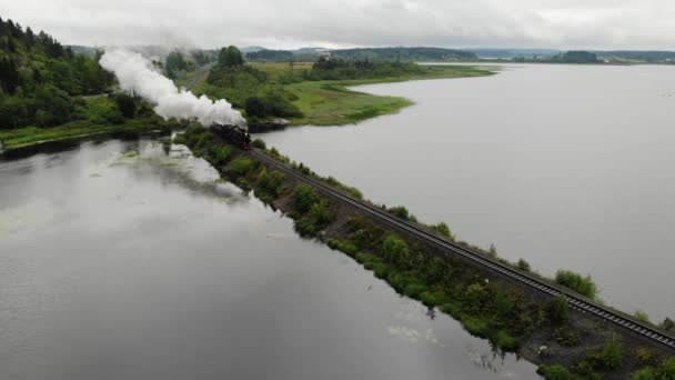 Old steam locomotive train wagon rides going on embankment of Lake. Aerial view — Stock Video