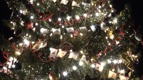 Decorado gran árbol de Navidad con luz de fondo en la calle. Banderas juguetes y bombillas — Vídeo de stock