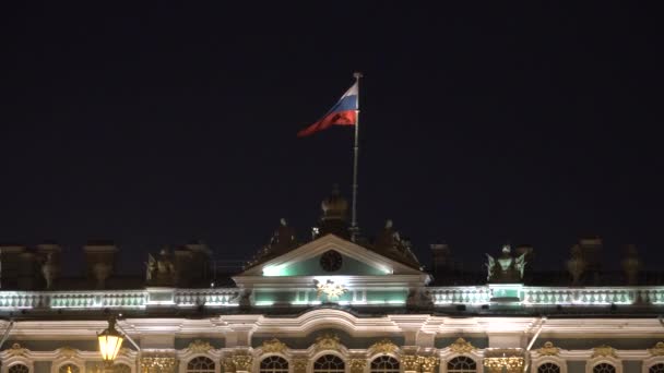 Bandeira russa à noite no telhado Museu Hermitage Estado. Céu negro. Luz de fundo — Vídeo de Stock
