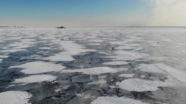 Vinterfiske nära Kronshtadt Stad Sankt Petersburg. Snödyner Flygfoto. — Stockvideo
