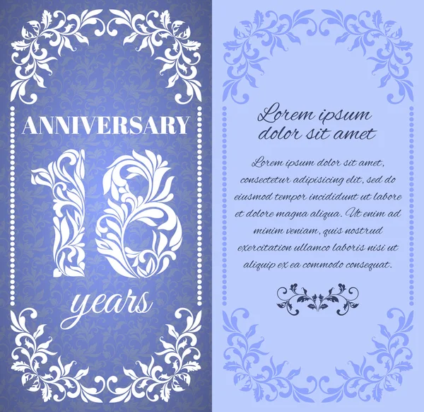 Luxury template with floral frame and a decorative pattern for the 18 years anniversary. — Stockvector