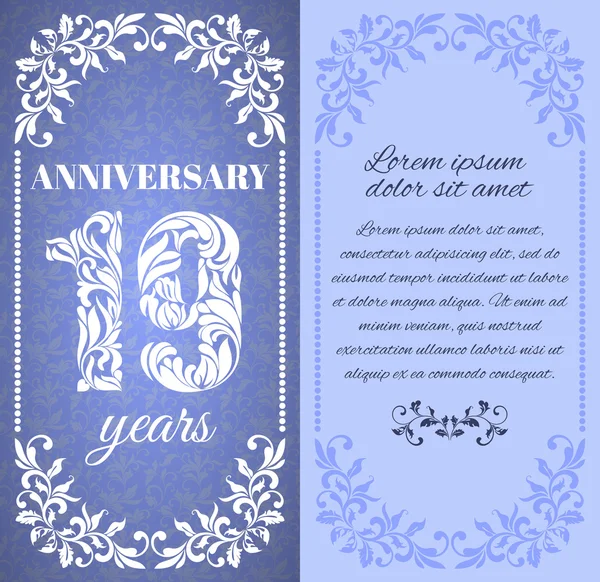 Luxury template with floral frame and a decorative pattern for the 19 years anniversary. — ストックベクタ