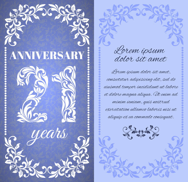Luxury template with floral frame and a decorative pattern for the 21 years anniversary.