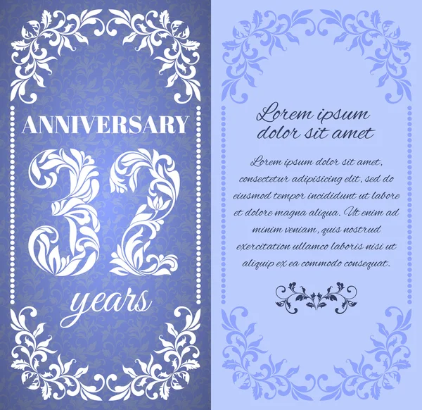 Luxury template with floral frame and a decorative pattern for the 32 years anniversary. — Stockvector