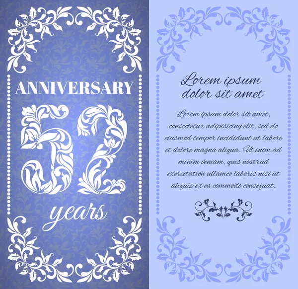 Luxury template with floral frame and a decorative pattern for the 52 years anniversary. — Stockový vektor