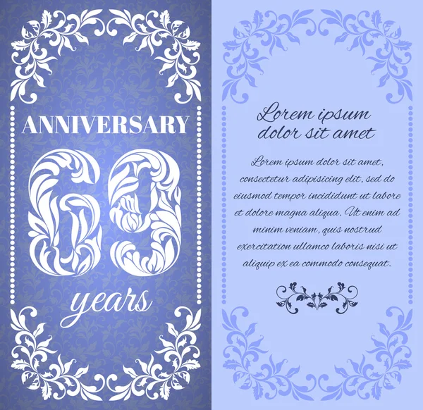 Luxury template with floral frame and a decorative pattern for the 69 years anniversary. — Stok Vektör