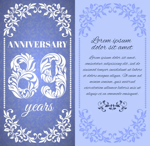 Plantilla de lujo con marco floral y patrón decorativo para el 89 aniversario . — Vector de stock