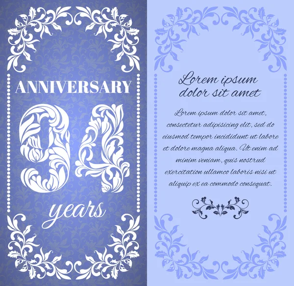 Plantilla de lujo con marco floral y patrón decorativo para el 94 aniversario . — Vector de stock