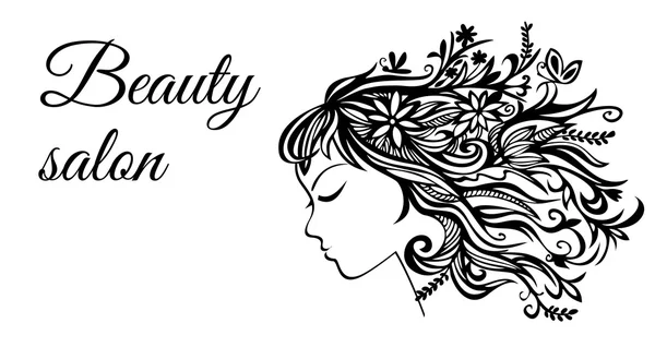 Шаблон женского салона красоты. Показывает профиль девушки с волосами, сделанными из цветов. Его можно использовать для рекламы, визиток, украшений — стоковый вектор