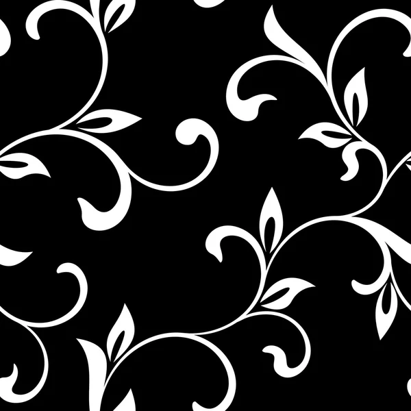 Elegant seamless pattern. Tracery of twisted stalks with decorative leaves on a black background. Vintage style. The pattern can be used for printing on textiles, wallpaper, packaging — Stock Vector