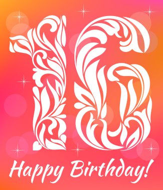 Parlak tebrik kartı davetiye şablon. 16 yaş doğum günü kutluyor. Dekoratif yazı tipi ile swirls ve çiçek öğeleri.