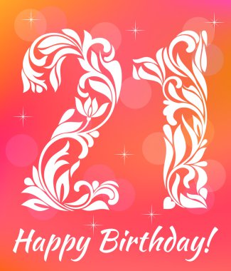 Parlak tebrik kartı davetiye şablon. 21 yaş doğum günü kutluyor. Dekoratif yazı tipi ile swirls ve çiçek öğeleri.