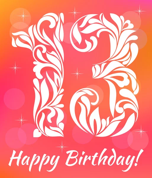 Fényes üdvözlőkártya meghívó sablon. 13 éves születésnapját ünnepli. Swirls és a virág díszítő betűtípus. — Stock Vector