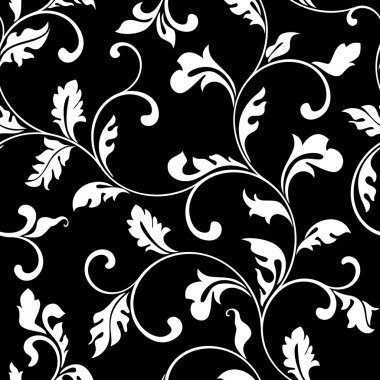 Şık seamless modeli. Bükülmüş sarmal dalları yapraklarda siyah bir arka plan ile. Desen olabilir baskı Tekstil almak için kullanılan, wallpaper, ambalaj