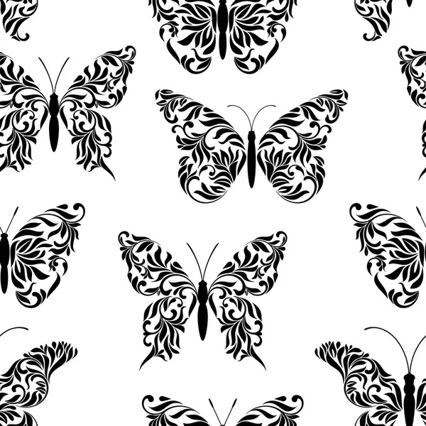 Patrón sin costuras con mariposas creadas a partir de tracería floral abstracta sobre un fondo blanco — Vector de stock