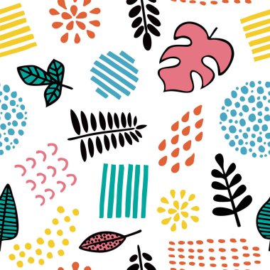 Kusursuz desen. Çeşitli bitkilerin renkli yaprakları ve beyaz arka planda izole edilmiş farklı el yapımı elementler. Yazdırma, duvar kağıdı, ev dekorasyonu, tekstil, paket tasarımı