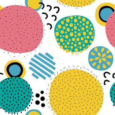Kusursuz desen. Beyaz arka planda izole edilmiş farklı sanatsal dokulara sahip renkli daireler. Yazdırma, duvar kağıdı, ev dekorasyonu, tekstil, paket tasarımı