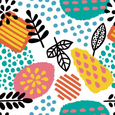 Kusursuz desen. Çeşitli bitkilerin renkli yaprakları ve beyaz arka planda izole edilmiş farklı el yapımı elementler. Yazdırma, duvar kağıdı, ev dekorasyonu, tekstil, paket tasarımı