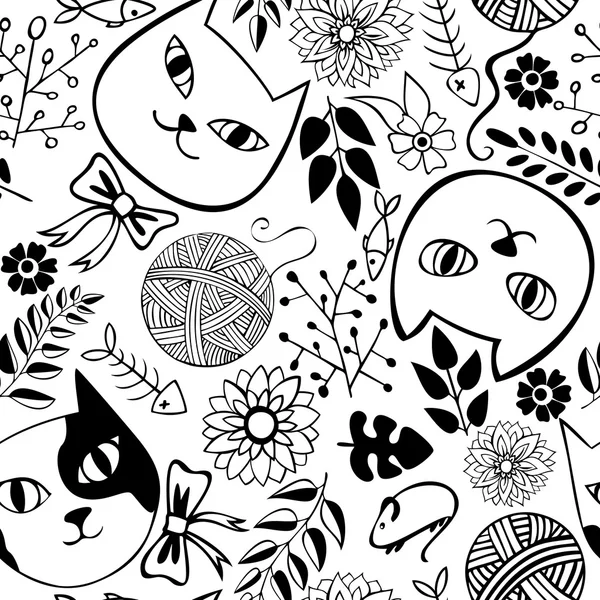 Seamless pattern with cats and flowers on a white background