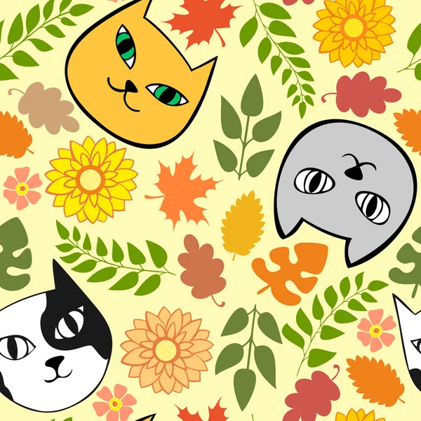 Seamless autumn pattern with cats and flowers — Stock Photo, Image