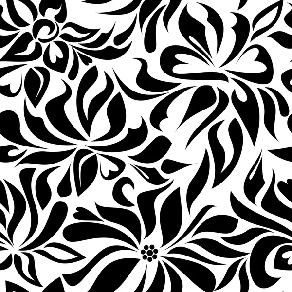 Nahtloses Muster mit schwarzen abstrakten Blüten auf weißem Hintergrund — Stockfoto