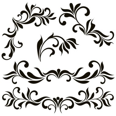 Set elements with swirls and floral motifs in retro style
