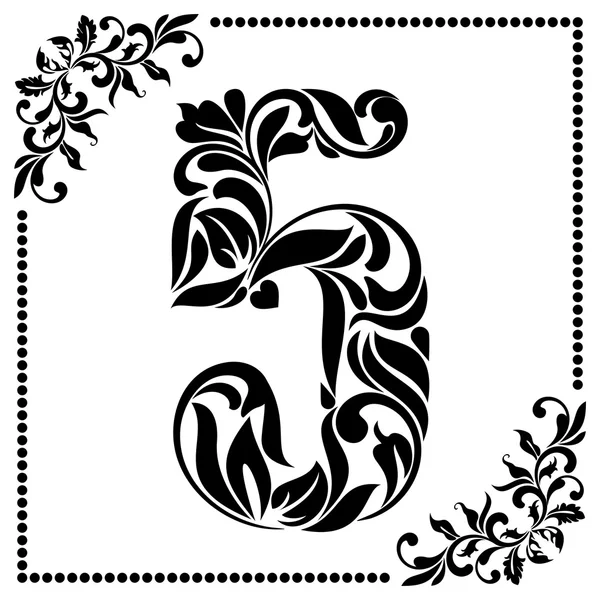 Ozdobné písmo s víry a květinové prvky. Zdobené zdobené číslice pět na bílém pozadí. — Stockový vektor