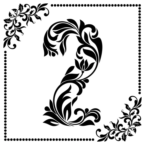 Fuente decorativa con remolinos y elementos florales. Dígitos decorados adornados dos sobre fondo blanco . — Vector de stock