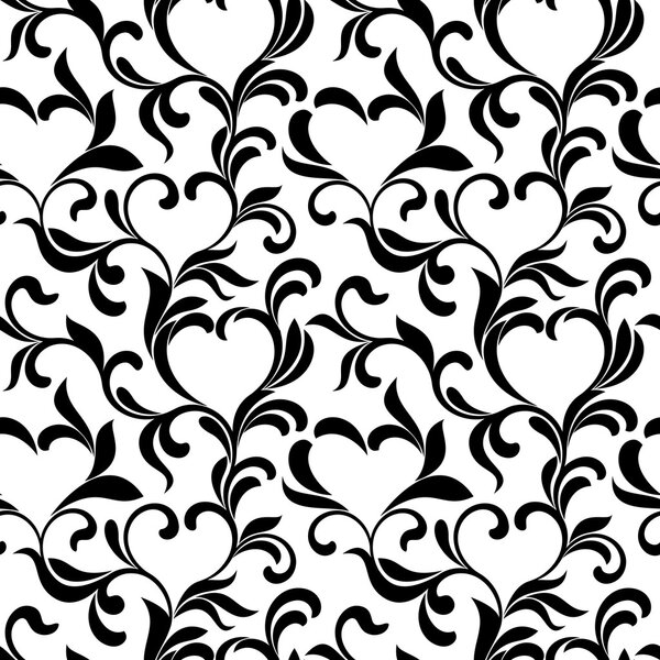 Бесшовный узор из листьев и завихрений в виде сердец на белом фоне
.