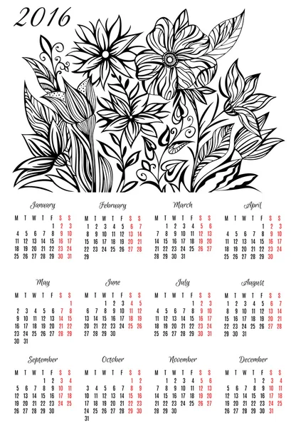 Calendário com flores para 2016. Semana começa a partir de segunda-feira . — Vetor de Stock