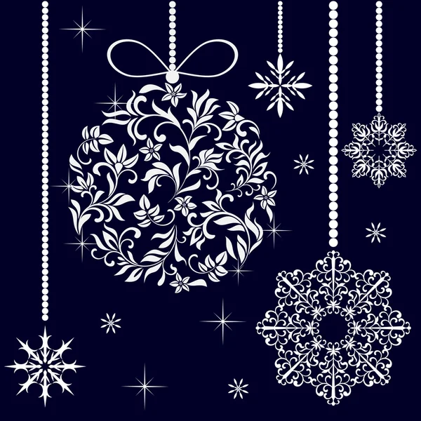 花の飾りと暗い青色の背景に雪の結晶からクリスマス ボール — ストックベクタ
