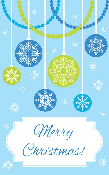 Postkarte: Frohe Weihnachten! Weihnachtskugeln auf blauem Hintergrund — Stockvektor