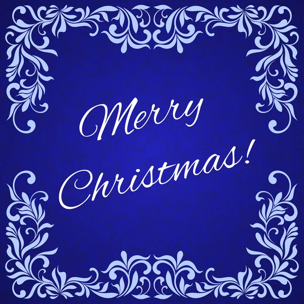 Элегантная открытка: С Рождеством! Надпись на синем фоне с рисунком и винтажной рамкой — стоковый вектор