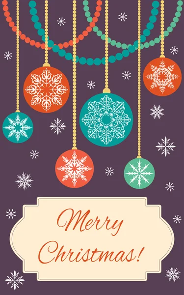 Kártya - boldog karácsonyt! Karácsonyi bálok hópelyhek és dekorációk gyöngyös — Stock Vector