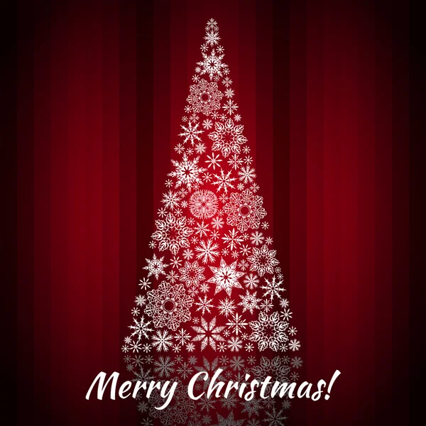 Karácsonyi kártya. Karácsonyfa a hópelyhek. Háttér - Vörös függöny — Stock Vector